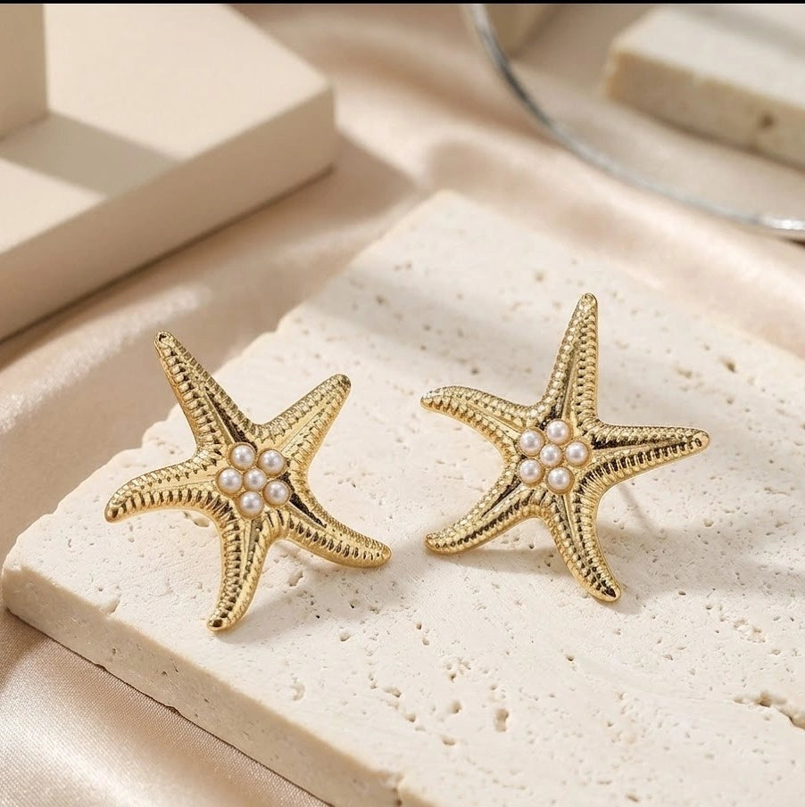 Golden Starfish Pearl Stud Earrings