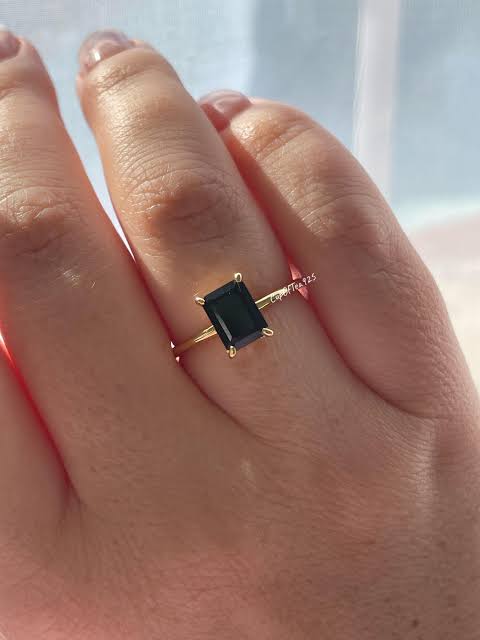 Dainty Gold Plated Emerald Cut Black Onyx Solitaire Ring