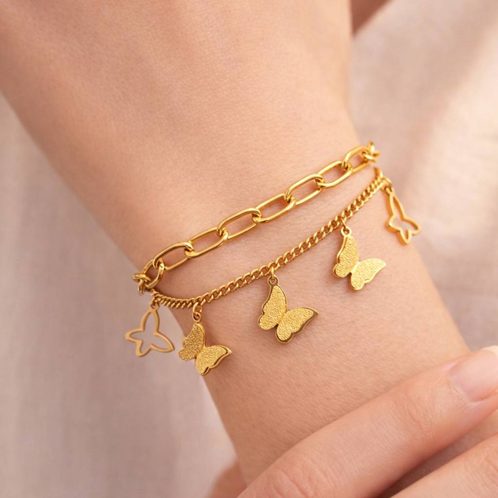 Golden Double Layer Butterfly Charm Bracelet for Women