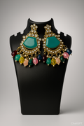 Antique Gold Sea Green Kundan Statement Earrings with Multicolor Beads