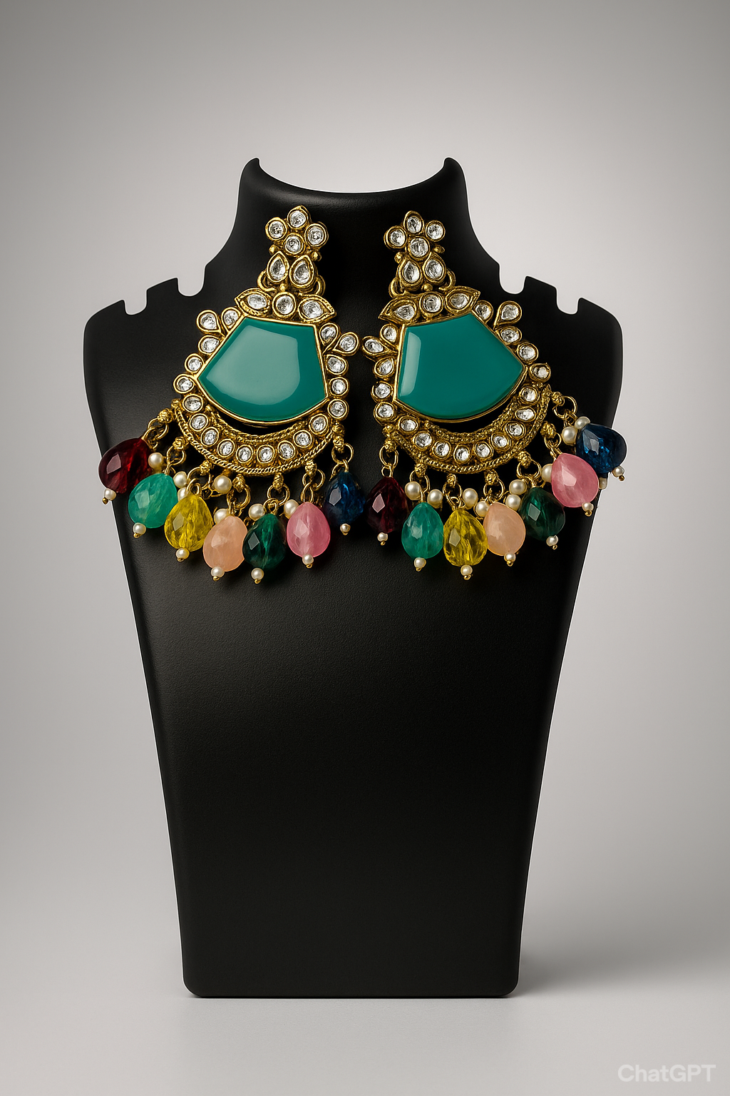 Antique Gold Sea Green Kundan Statement Earrings with Multicolor Beads