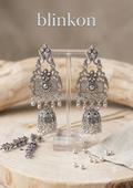 Ethnic Radha Krishna Motif Crescent Oxidized Silver Jhumka Earrings