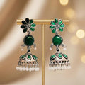 Oxidised Silver Emerald Green Floral Stone Studded Jhumka Earrings with Pearl Beads for Women