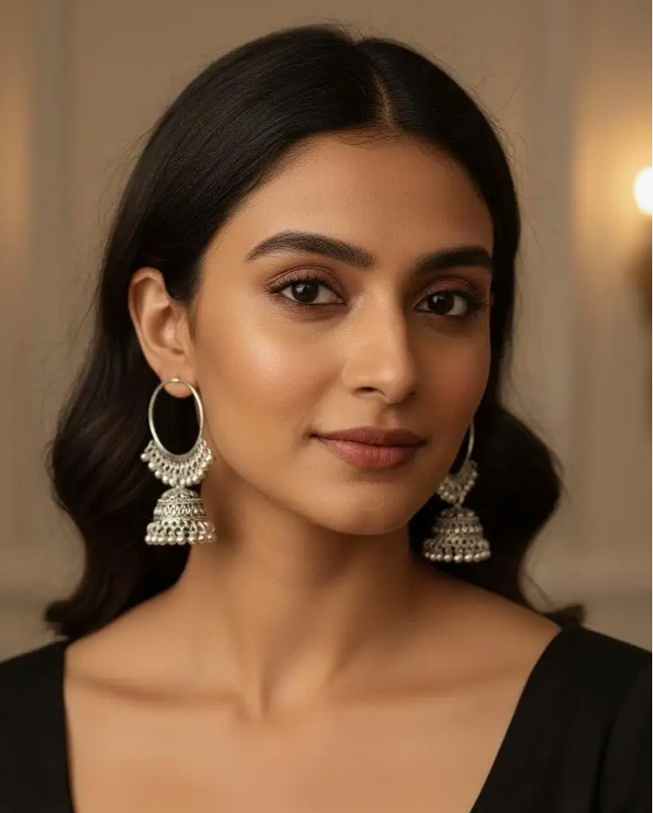 Ethnic Circular Hoop Dome Oxidized Silver Jhumka Earrings