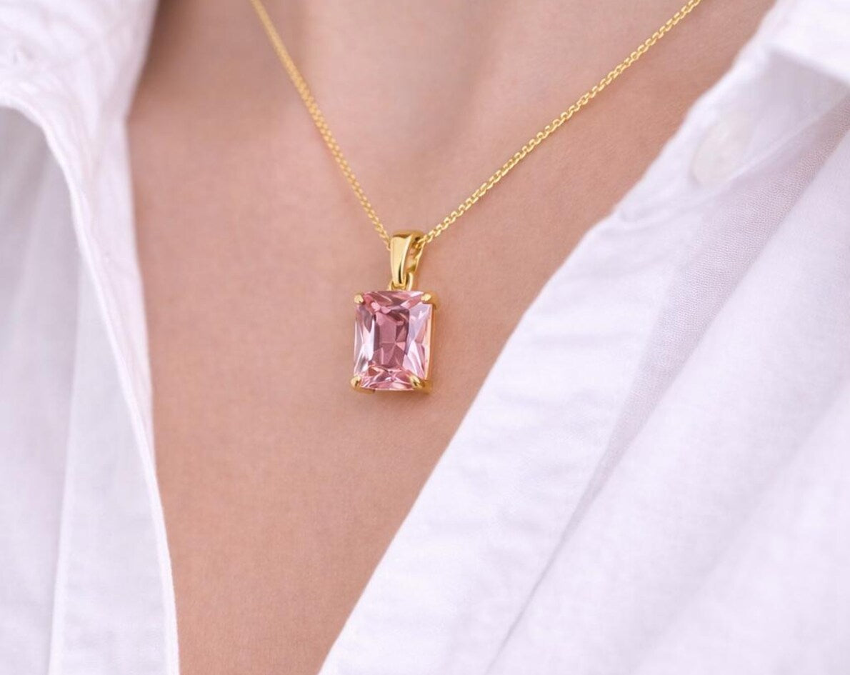 Blinkon Store Rose Pink Emerald-Cut Gemstone Gold Pendant Necklace
