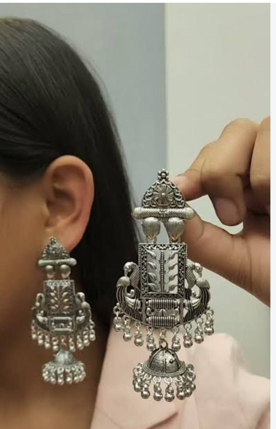 Ethnic Oxidized Silver Floral Statement Earrings with Ghungroo Drops