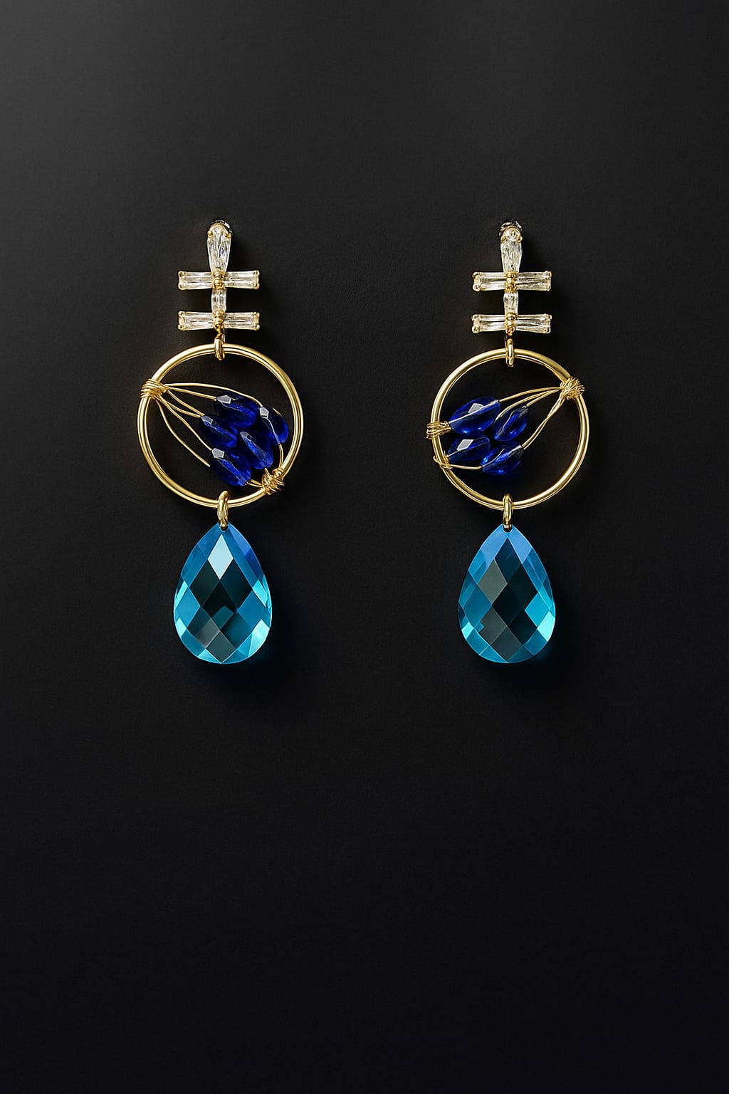 Blue Crystal Teardrop Earrings with Gold Hoop and Diamond Stud Design