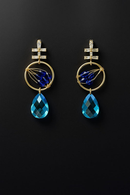 Blue Crystal Teardrop Earrings with Gold Hoop and Diamond Stud Design