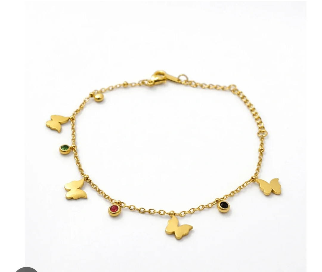 Gold Plated Butterfly Charm Bracelet -Anklet with Multi-Colored Bezel Stones