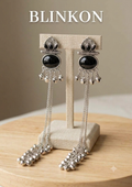 Ethnic Black Stone Oxidized Silver Long Chain Tassel Earrings