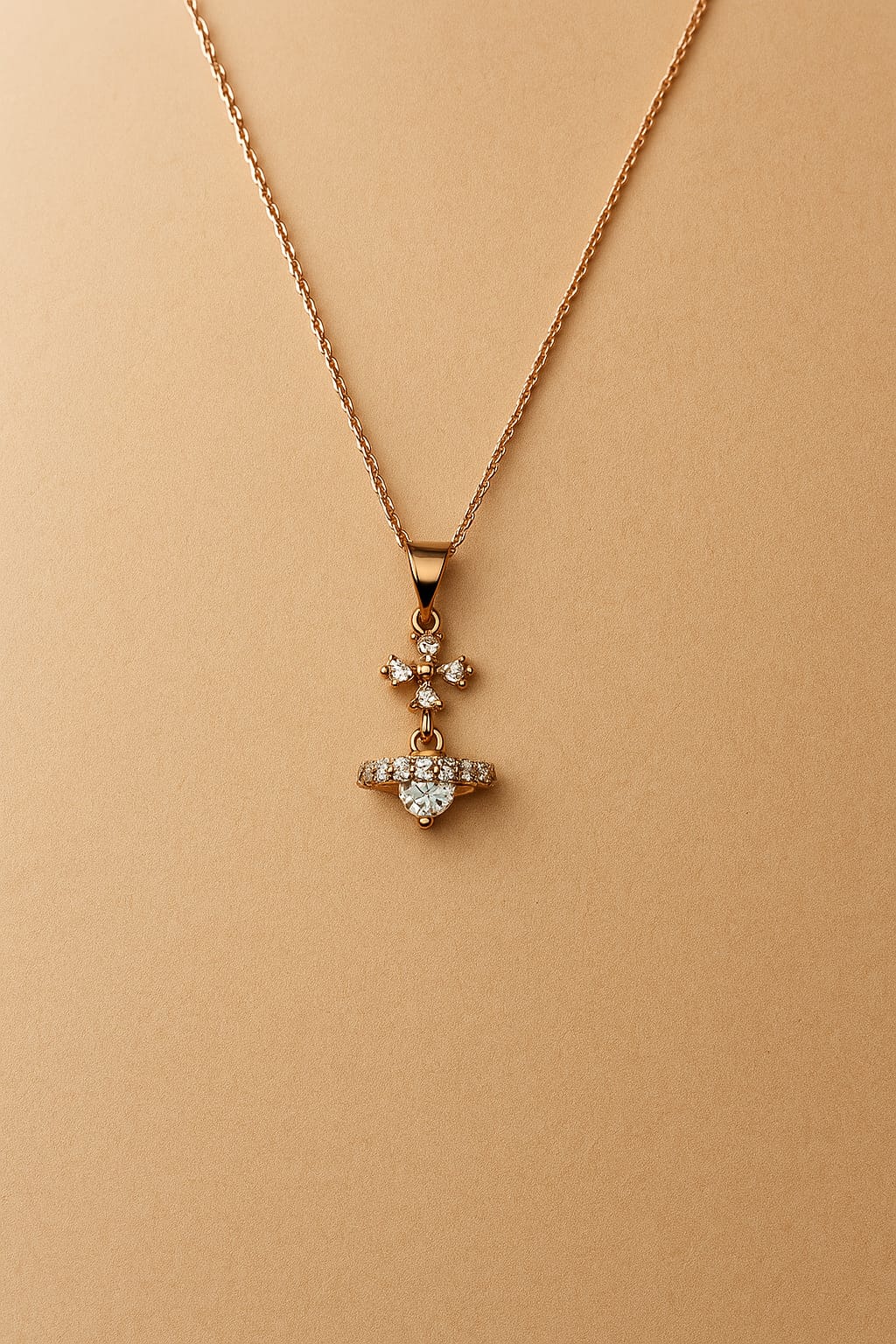 Elegant Rose Gold Crystal Cross & Heart Pendant Necklace for Women