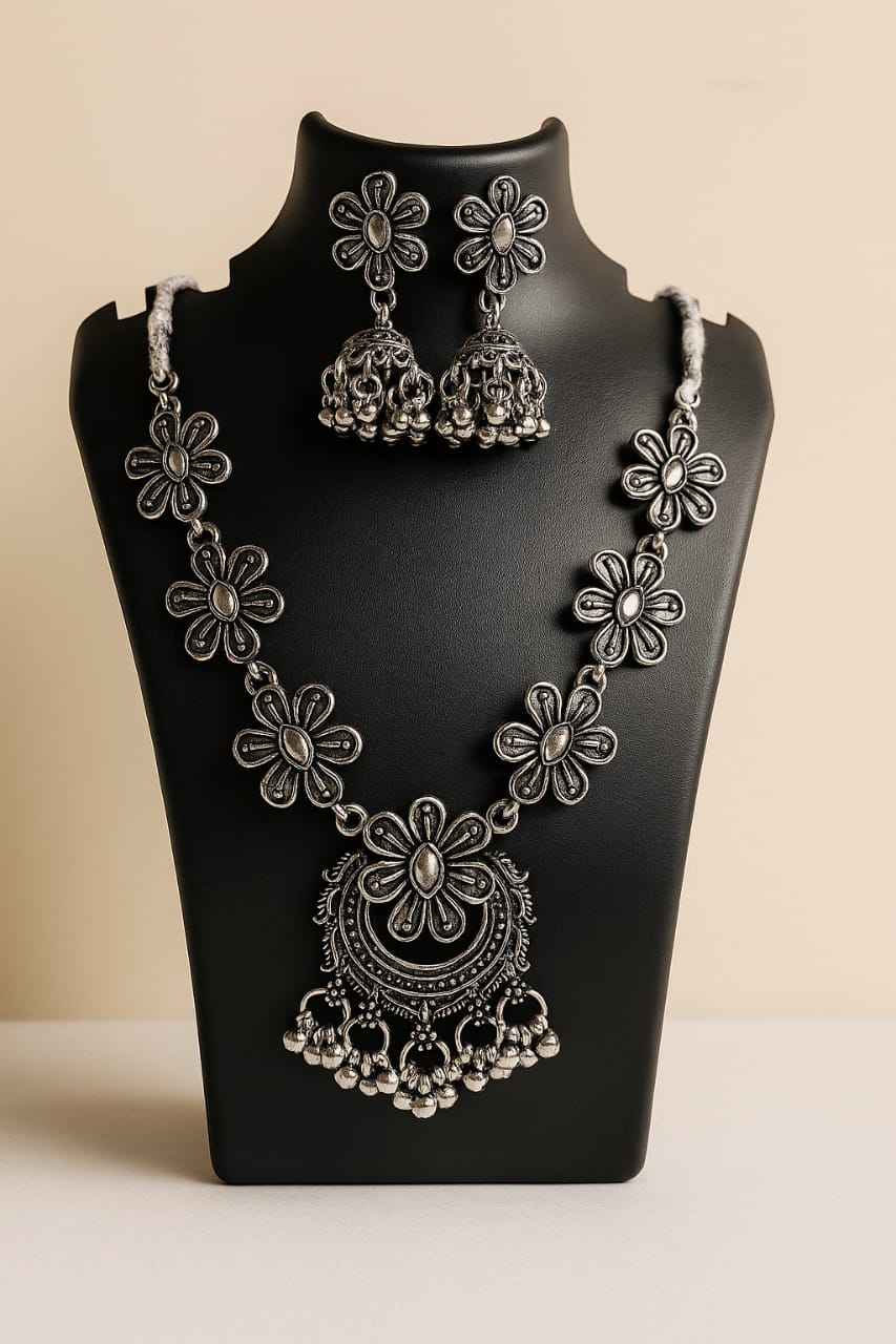 Traditional German Silver Floral Crescent Pendant Necklace & Jhumki Set