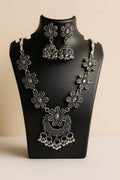 Traditional German Silver Floral Crescent Pendant Necklace & Jhumki Set