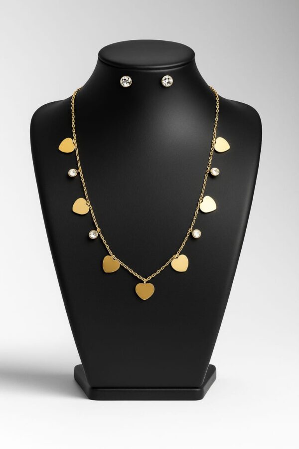 Gold Plated Heart Charm Necklace with Crystal Earrings Set