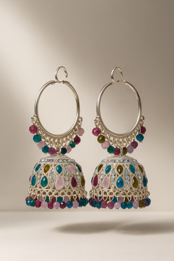 Multicolor Gemstone Jhumka Earrings with Silver Hoops