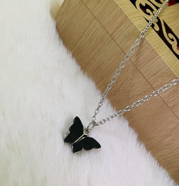 Chic Black Enamel Butterfly Pendant Necklace