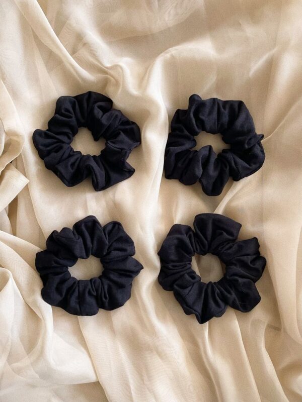 Set of 4 Classic Black Satin/Cotton Scrunchies