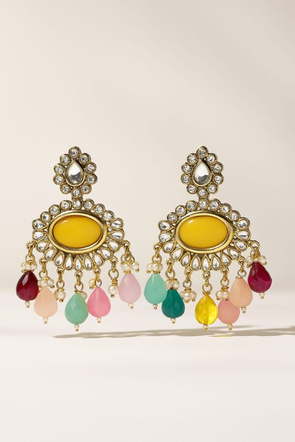 Antique Gold-Plated Kundan Earrings with Yellow Stone & Rainbow Bead Drops