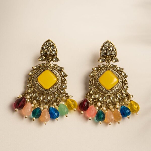 Antique Gold-Plated Kundan Earrings with Sunshine Yellow Stone & Multi-Color Drops