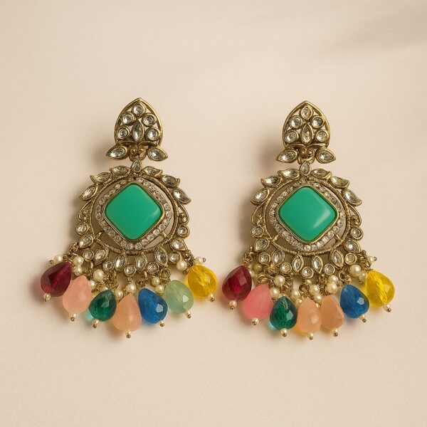 Antique Gold-Plated Kundan Earrings with Aqua Stone & Rainbow Bead Tassels