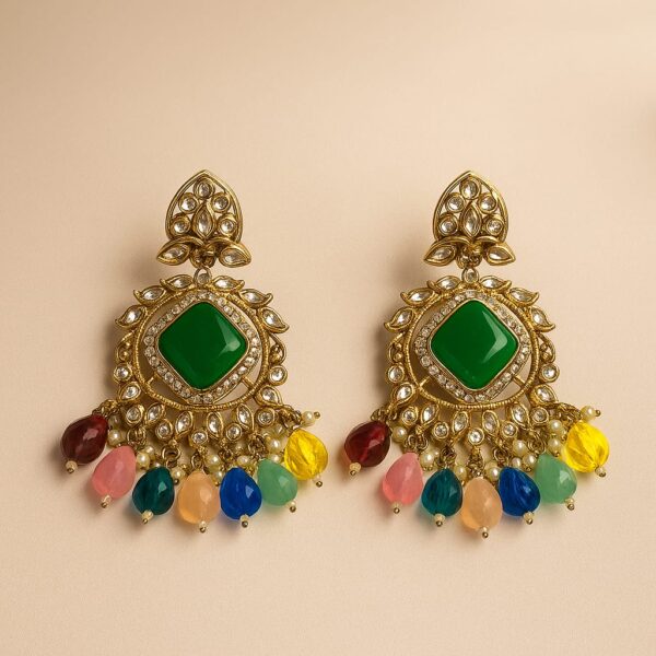 Antique Gold-Plated Kundan Earrings with Emerald Green Stone & Multi-Bead Drops