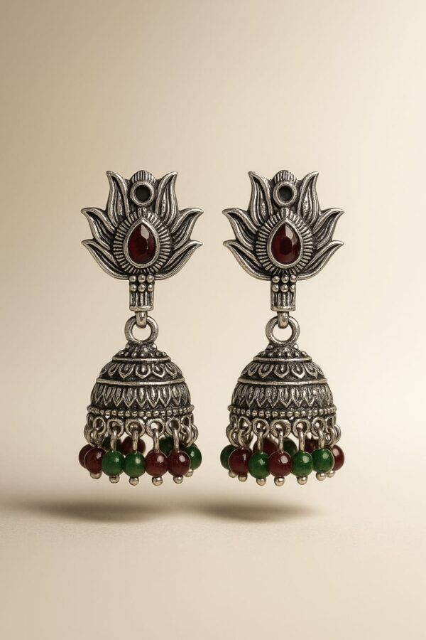 Oxidised Silver Lotus Jhumka Earrings