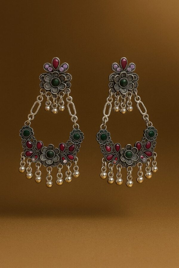 Oxidized Silver Floral Dangler Earrings with Red & Green Stones