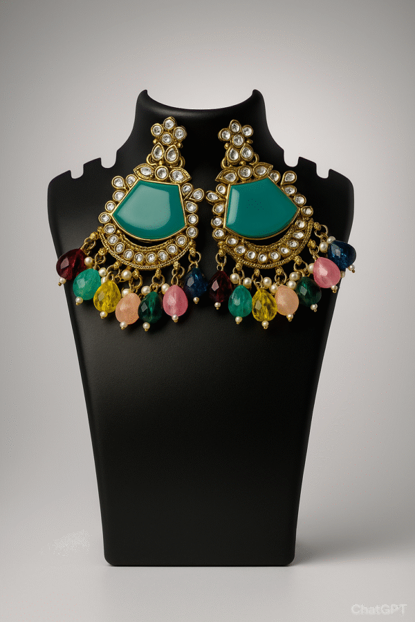 Regal Gold-Plated Kundan Earrings with Teal Stone & Multi-Color Beaded Drops