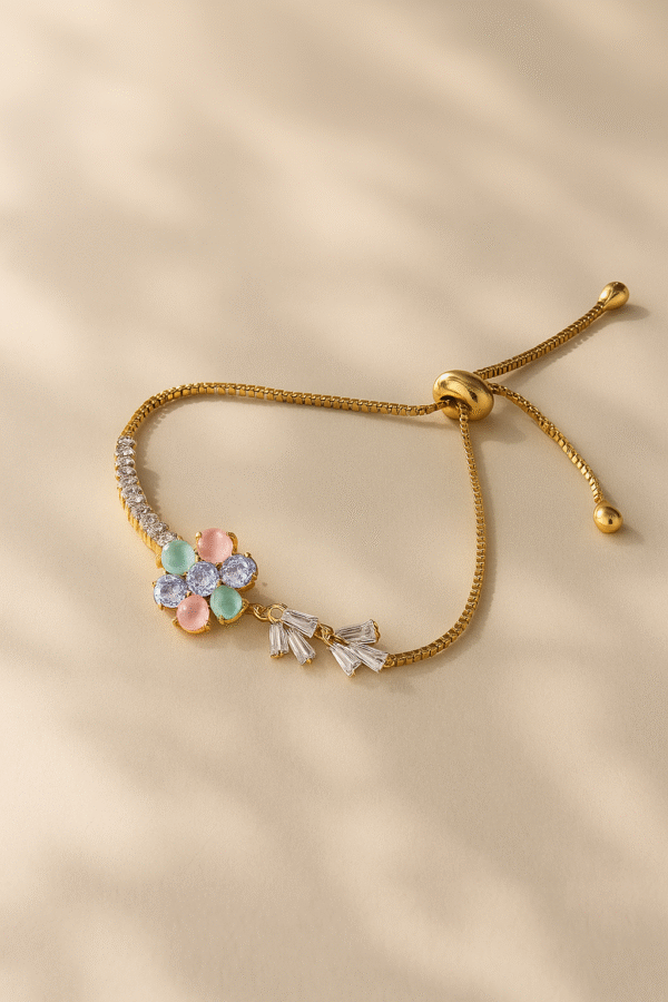 Gold-Plated Floral Adjustable Bracelet with Pastel Stones & Crystals
