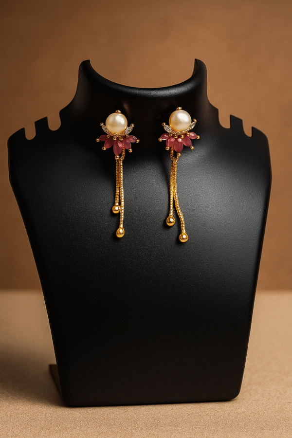 Gold & Ruby Flower Pearl Dangle Earrings