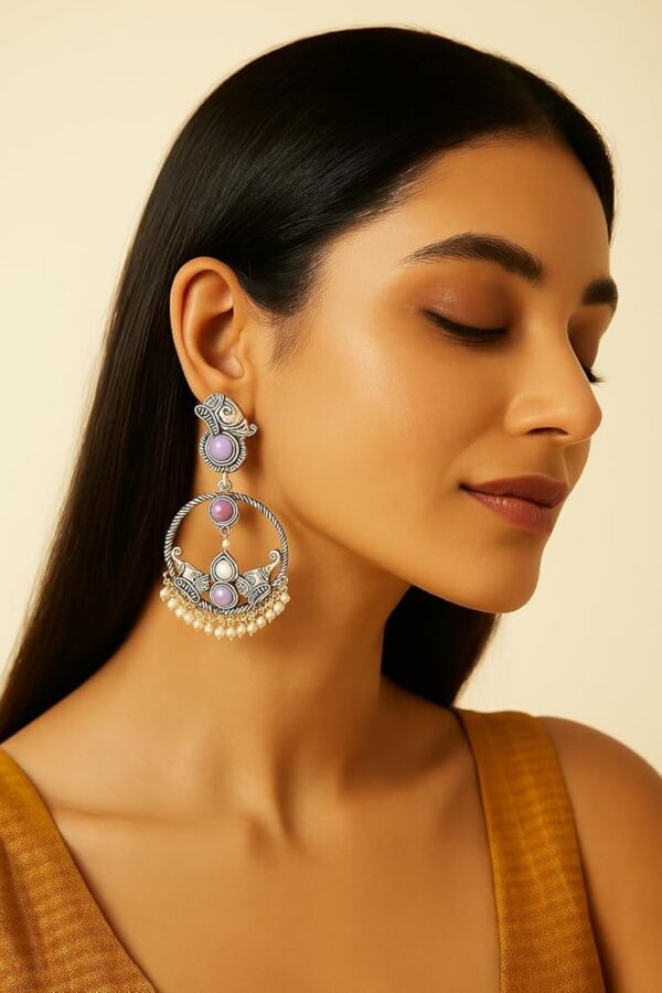 Antique Silver-Plated Lavender Elephant Motif Chandbali Earrings with