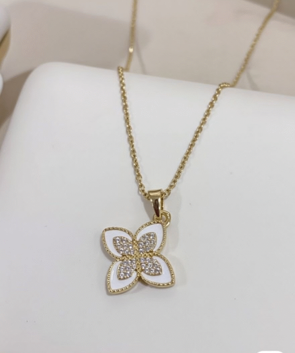 Luxurious White Enamel & Diamond-Studded Clover Necklace