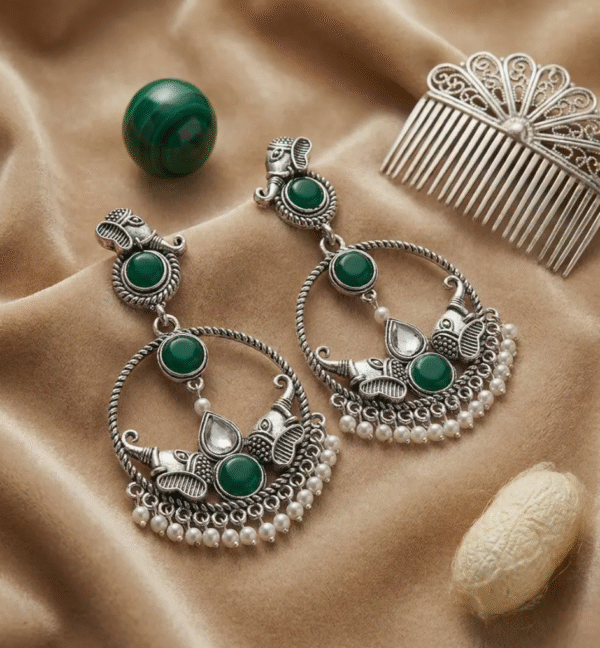 Oxidized Silver Emerald Green Elephant Motif Chandbali Earrings with Pearl Hangings