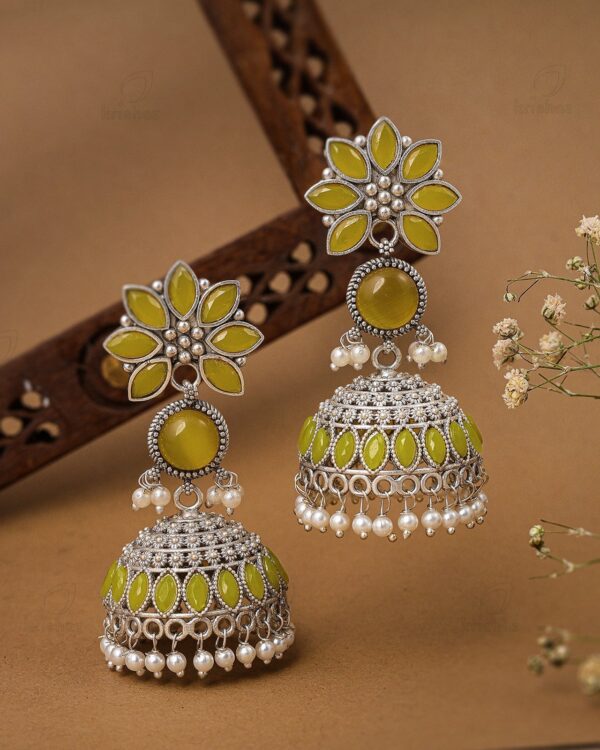 Vibrant Yellow Floral Oxidized Silver Jhumka Earrings