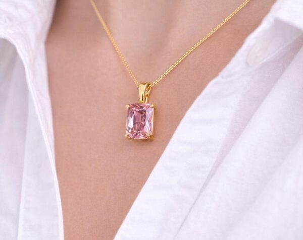 Elegant Emerald-Cut Pink Zirconia Pendant Necklace